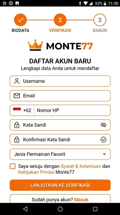 Tampilan halaman daftar monte77